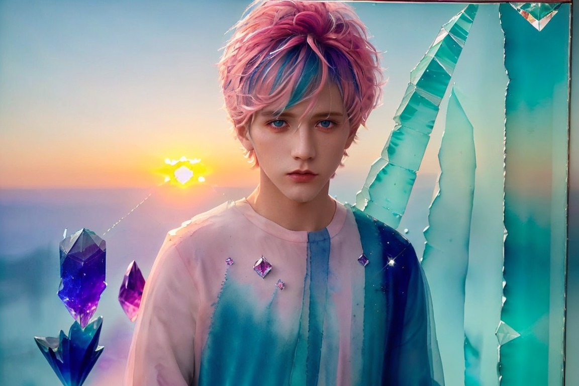 00945-2532936422-_lora_handsome_0.7_ solo, blue eyes, short hair, looking at viewer, upper body, (1boy_1.1), pink hair,cup, sunset,multicolored h.png